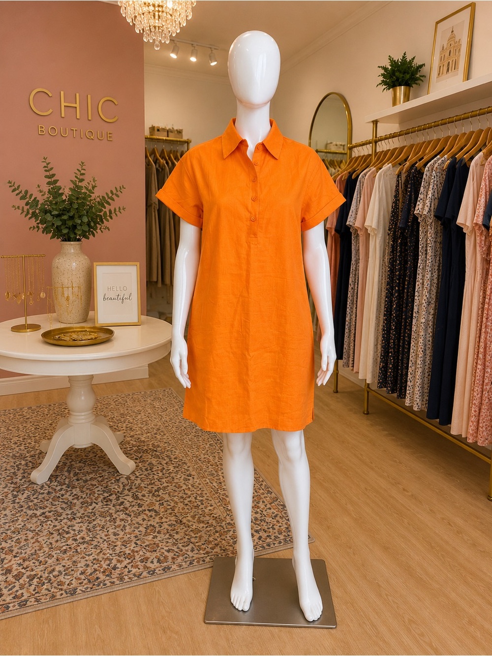 zeagoo Orange Short-Sleeve Collared Midi Dress
